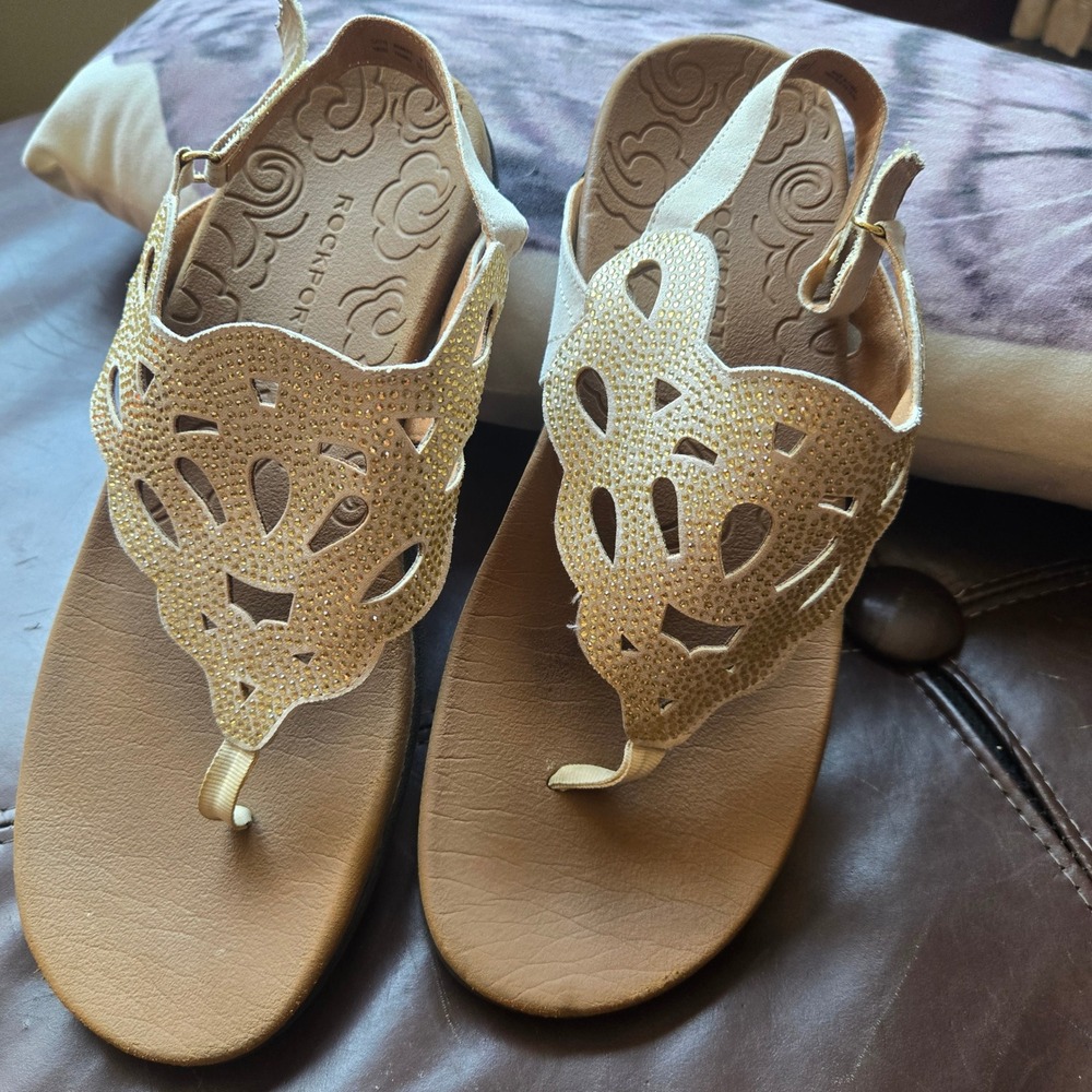 Rockport Cobb Hill Womens 9.5 Gold Rhinestone Laser Cut Slingback Sandals CJ1715